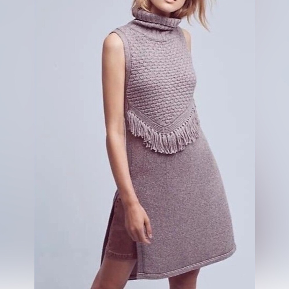 Anthropologie Nomad Morgan Carper Gray Fringe Tunic Sweater Dress Size Small New